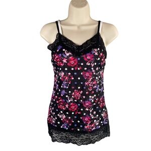 Bongo Black Floral Polka Dot Lace Trim Cami Tank Top Womens Small Y2k Babydoll